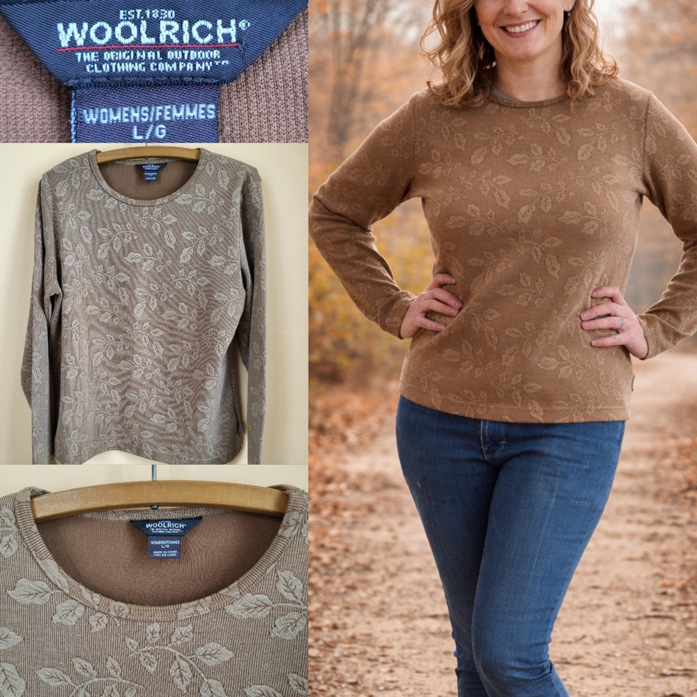 Woolrich Textured Floral‎ Leaf Knit Long Sleeve Top Taupe Brown Large
